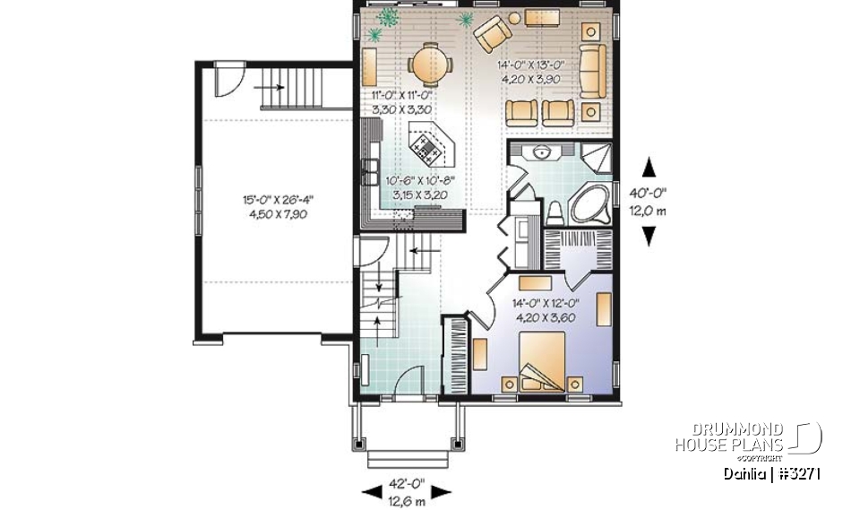 1st level - Craftsman bungalow house plan with open floor plan concept, bonus space (bedroom or else) and garage - Dahlia