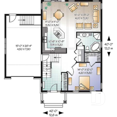 1st level - Craftsman bungalow house plan with open floor plan concept, bonus space (bedroom or else) and garage - Dahlia