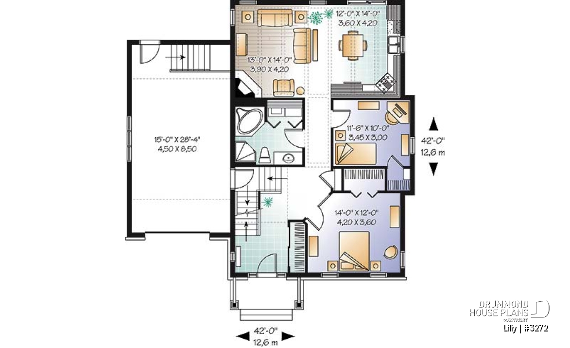 1st level - Single storey 2 to 3 bedroom Cape Cod house plan with garage, open concept, bonus room, fireplace - Lilly