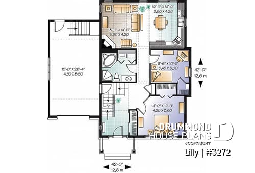 1st level - Single storey 2 to 3 bedroom Cape Cod house plan with garage, open concept, bonus room, fireplace - Lilly