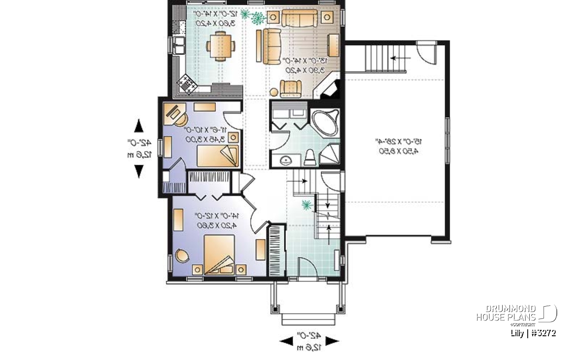 1st level - Single storey 2 to 3 bedroom Cape Cod house plan with garage, open concept, bonus room, fireplace - Lilly