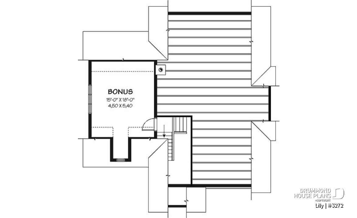 Bonus space - Single storey 2 to 3 bedroom Cape Cod house plan with garage, open concept, bonus room, fireplace - Lilly