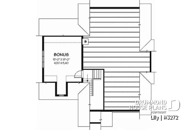 Bonus space - Single storey 2 to 3 bedroom Cape Cod house plan with garage, open concept, bonus room, fireplace - Lilly