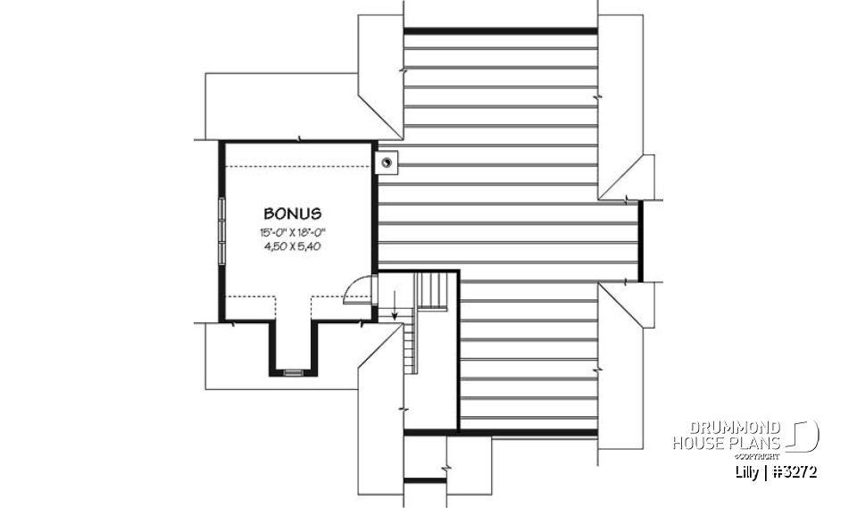 Bonus space - Single storey 2 to 3 bedroom Cape Cod house plan with garage, open concept, bonus room, fireplace - Lilly