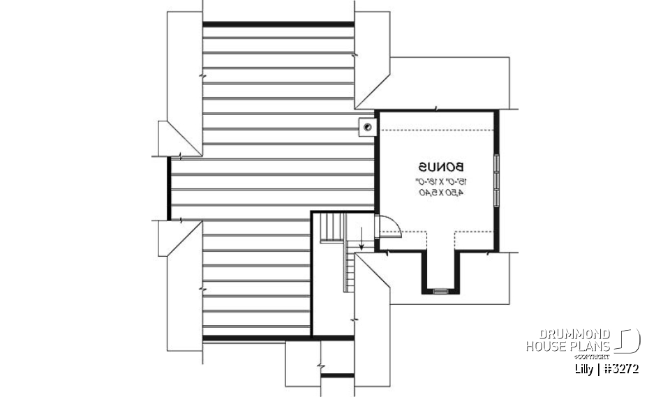 Bonus space - Single storey 2 to 3 bedroom Cape Cod house plan with garage, open concept, bonus room, fireplace - Lilly