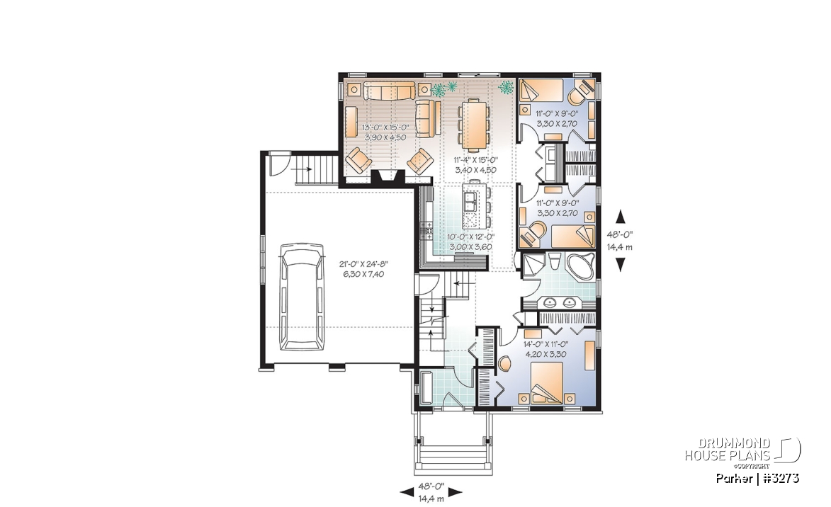 1st level - 3 bedroom bungalow house plan, 2-car garage w / bonus room, 3 bedrooms, fireplace, kitchen island - Parker