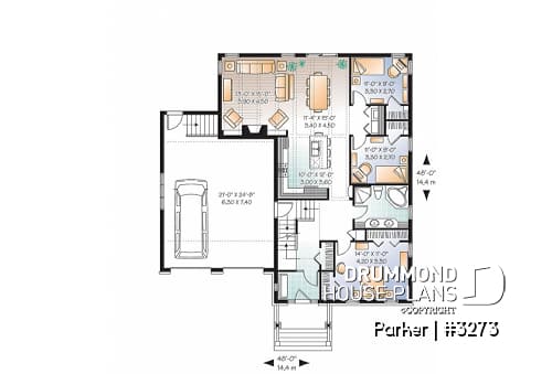 1st level - 3 bedroom bungalow house plan, 2-car garage w / bonus room, 3 bedrooms, fireplace, kitchen island - Parker