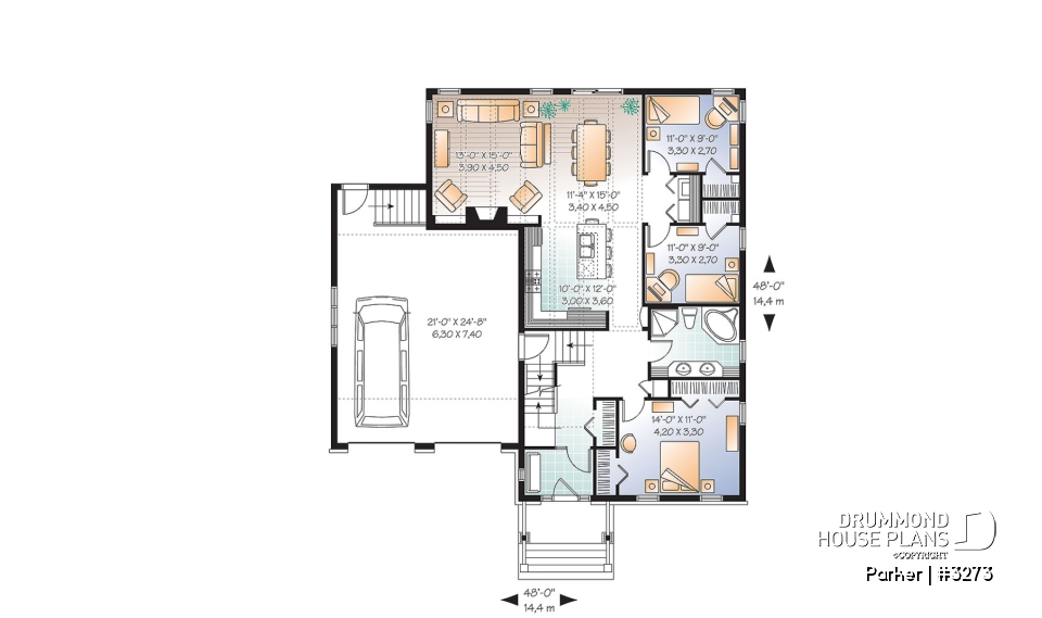 1st level - 3 bedroom bungalow house plan, 2-car garage w / bonus room, 3 bedrooms, fireplace, kitchen island - Parker
