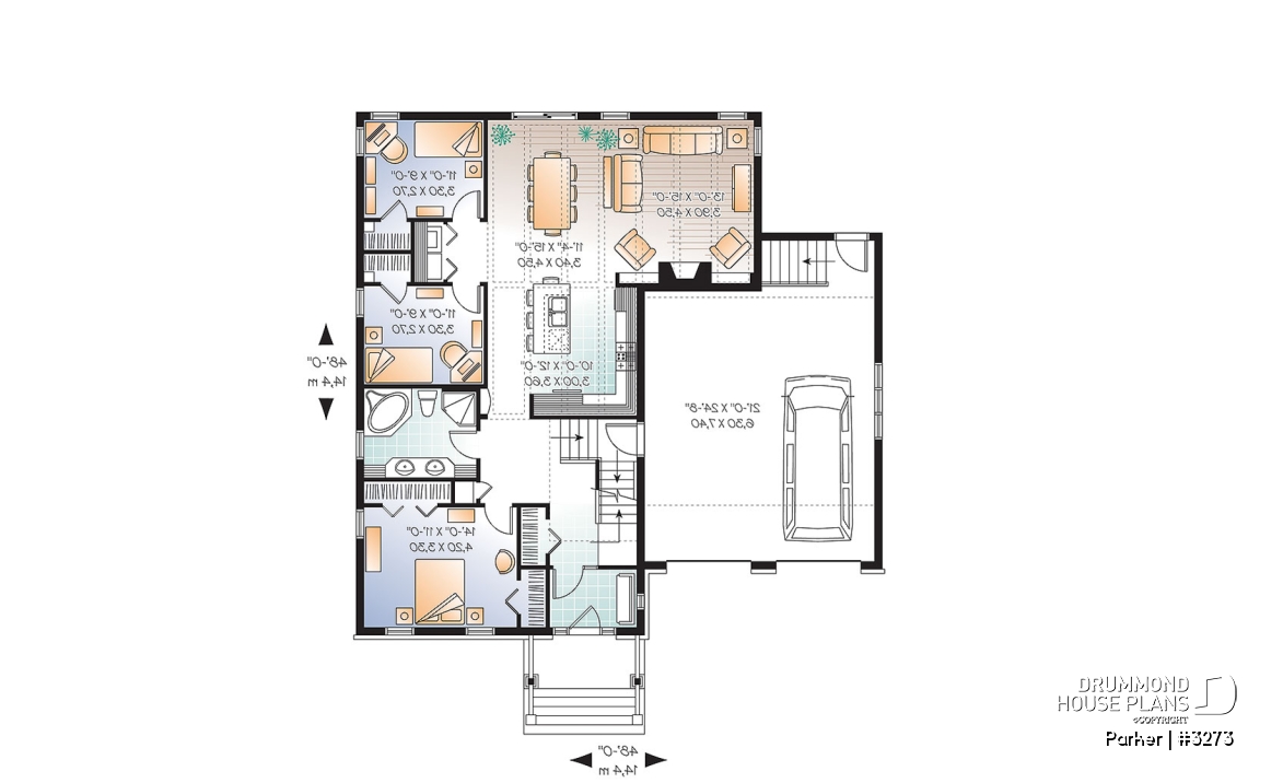 1st level - 3 bedroom bungalow house plan, 2-car garage w / bonus room, 3 bedrooms, fireplace, kitchen island - Parker