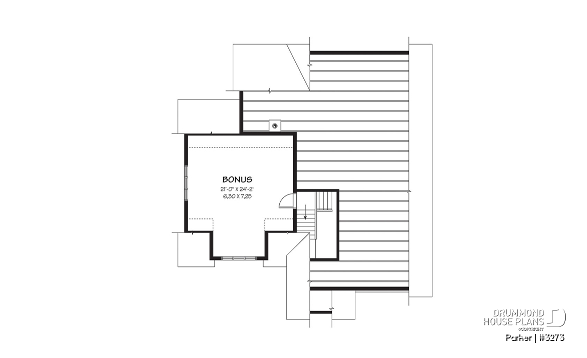 Bonus space - 3 bedroom bungalow house plan, 2-car garage w / bonus room, 3 bedrooms, fireplace, kitchen island - Parker