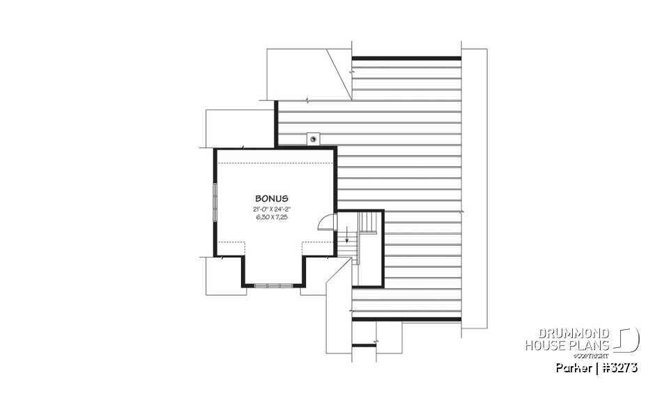 Bonus space - 3 bedroom bungalow house plan, 2-car garage w / bonus room, 3 bedrooms, fireplace, kitchen island - Parker