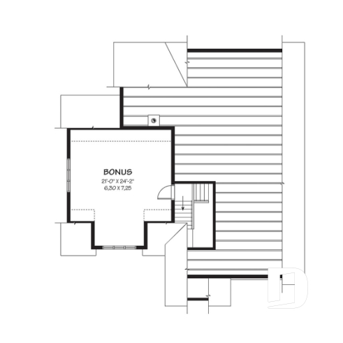 Bonus space - 3 bedroom bungalow house plan, 2-car garage w / bonus room, 3 bedrooms, fireplace, kitchen island - Parker