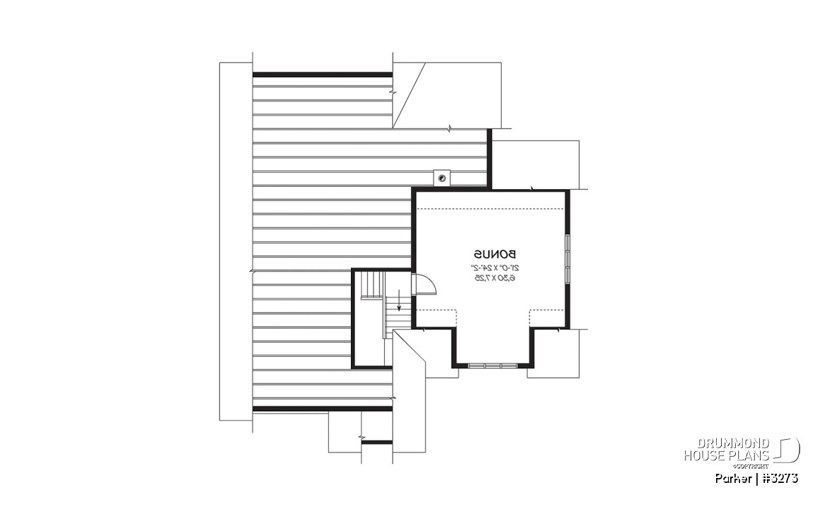 Bonus space - 3 bedroom bungalow house plan, 2-car garage w / bonus room, 3 bedrooms, fireplace, kitchen island - Parker