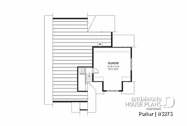 Bonus space - 3 bedroom bungalow house plan, 2-car garage w / bonus room, 3 bedrooms, fireplace, kitchen island - Parker