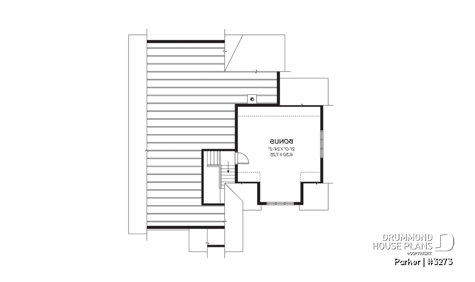 Bonus space - 3 bedroom bungalow house plan, 2-car garage w / bonus room, 3 bedrooms, fireplace, kitchen island - Parker