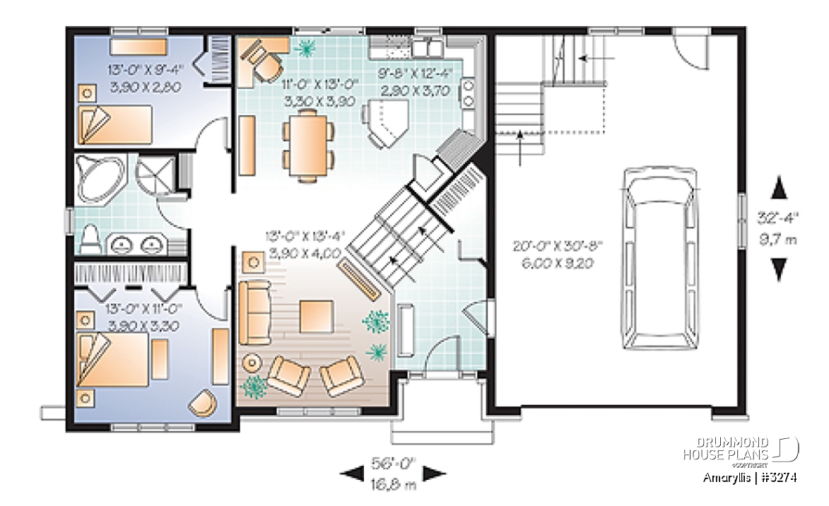 1st level - 2 to 4 bedroom Cape Cod style house plan with bonus space and garage, 2-car garage - Amaryllis