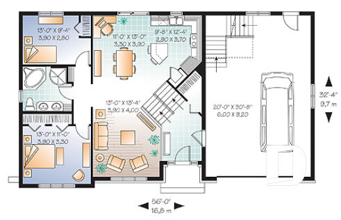 1st level - 2 to 4 bedroom Cape Cod style house plan with bonus space and garage, 2-car garage - Amaryllis