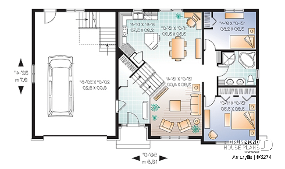 1st level - 2 to 4 bedroom Cape Cod style house plan with bonus space and garage, 2-car garage - Amaryllis