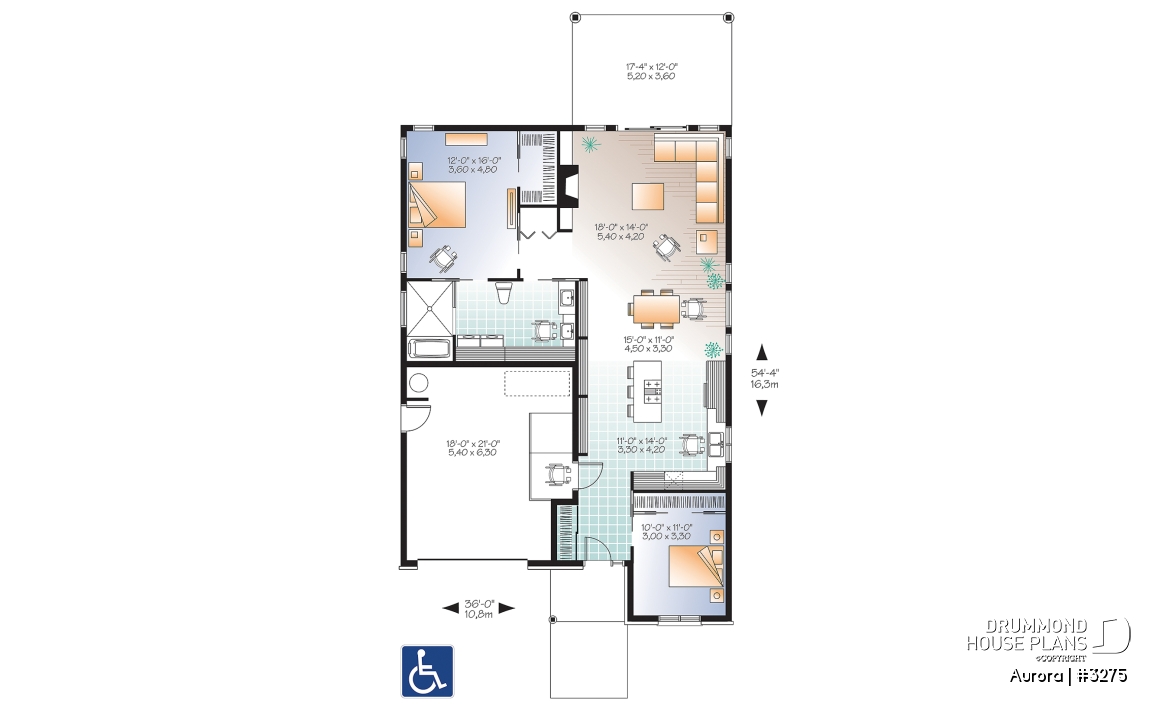 1st level - Wheel chair accessible house plan, 2 bedrooms, 9ft. ceiling, large covered patio, fireplace - Aurora