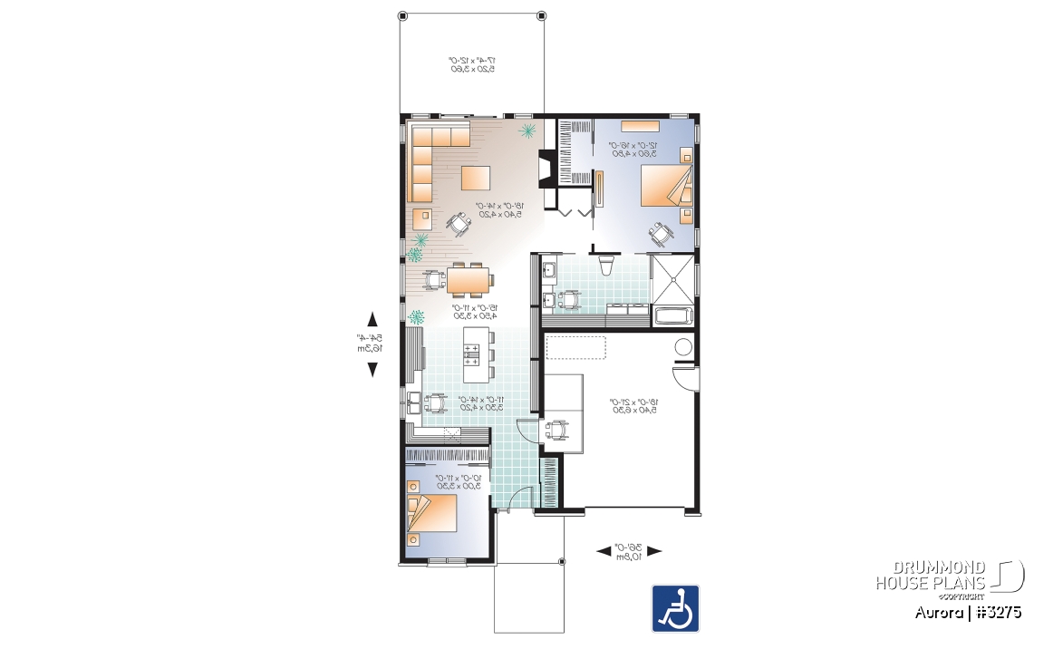 1st level - Wheel chair accessible house plan, 2 bedrooms, 9ft. ceiling, large covered patio, fireplace - Aurora