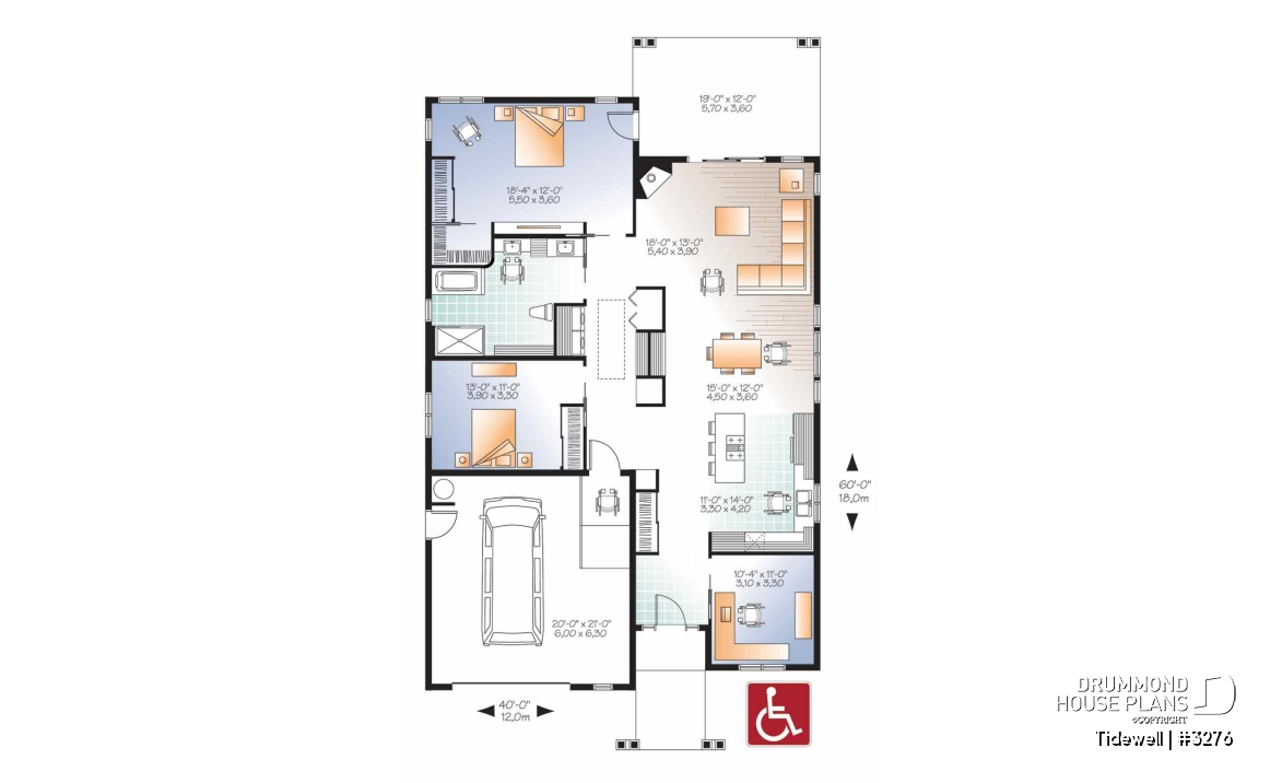 1st level - Modern 3 bedroom house plan adapted for wheel chair, open floor plan, fireplace, garage, laundry room - Tidewell