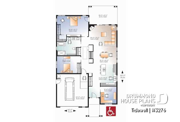 1st level - Modern 3 bedroom house plan adapted for wheel chair, open floor plan, fireplace, garage, laundry room - Tidewell