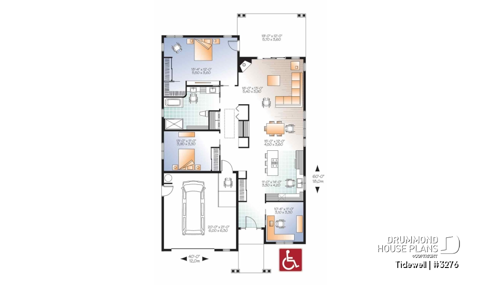 1st level - Modern 3 bedroom house plan adapted for wheel chair, open floor plan, fireplace, garage, laundry room - Tidewell