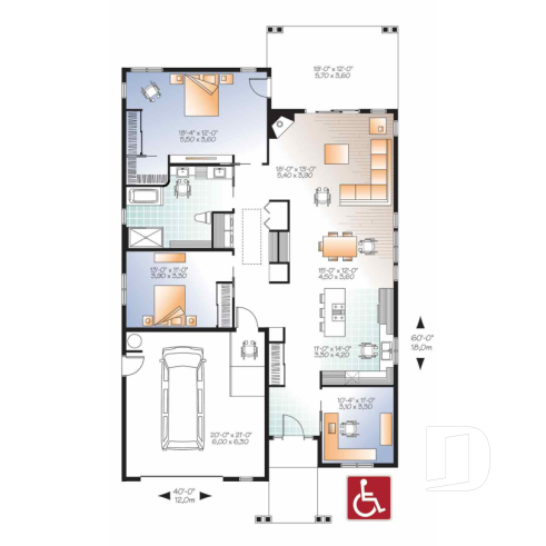 1st level - Modern 3 bedroom house plan adapted for wheel chair, open floor plan, fireplace, garage, laundry room - Tidewell