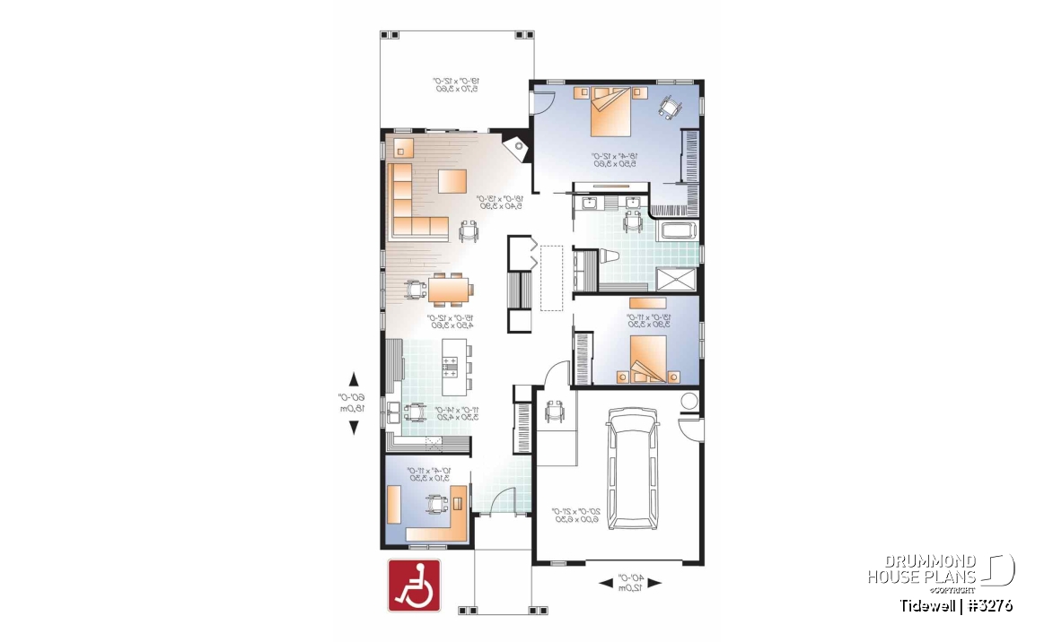 1st level - Modern 3 bedroom house plan adapted for wheel chair, open floor plan, fireplace, garage, laundry room - Tidewell