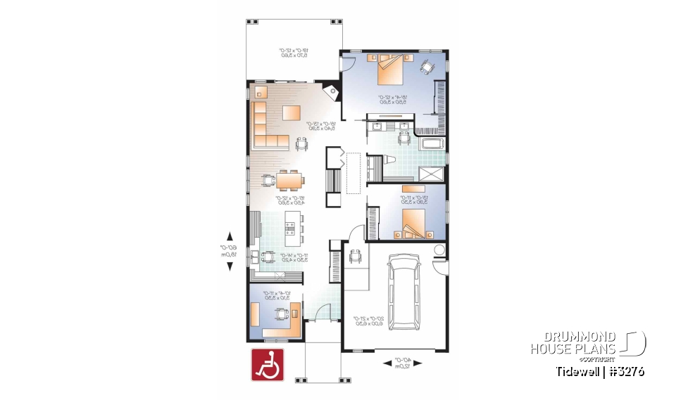 1st level - Modern 3 bedroom house plan adapted for wheel chair, open floor plan, fireplace, garage, laundry room - Tidewell