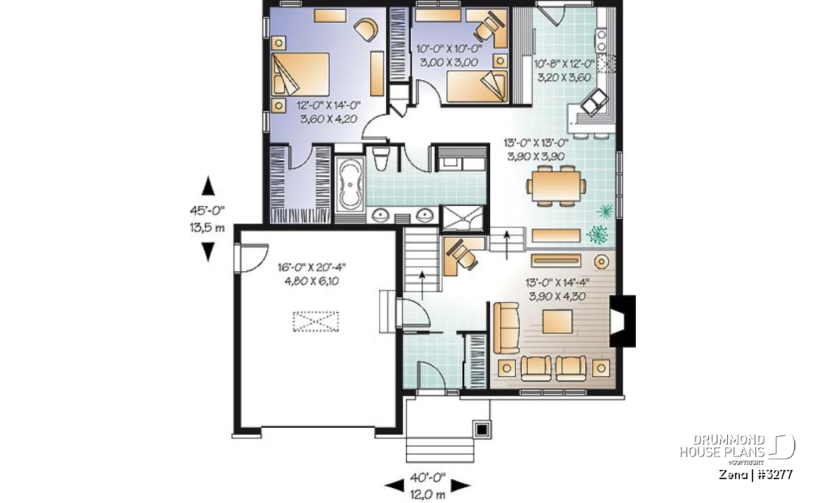 1st level - Craftsman house plan, sunken living room with fireplace, master bed with walk-in, large bathroom &amp; laundry - Zena
