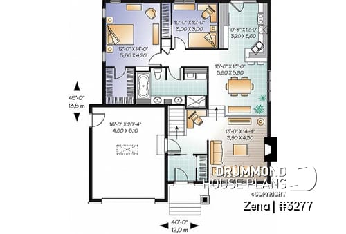 1st level - Craftsman house plan, sunken living room with fireplace, master bed with walk-in, large bathroom & laundry - Zena