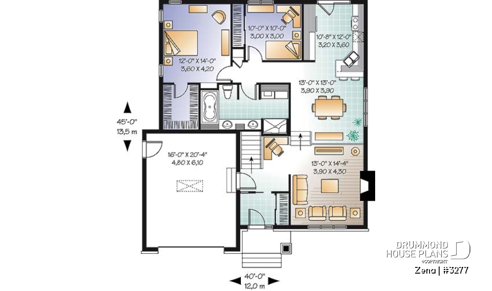 1st level - Craftsman house plan, sunken living room with fireplace, master bed with walk-in, large bathroom &amp; laundry - Zena