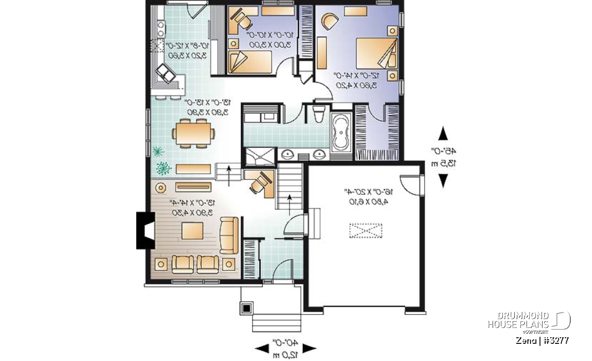 1st level - Craftsman house plan, sunken living room with fireplace, master bed with walk-in, large bathroom &amp; laundry - Zena