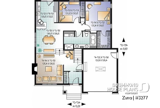 1st level - Craftsman house plan, sunken living room with fireplace, master bed with walk-in, large bathroom & laundry - Zena