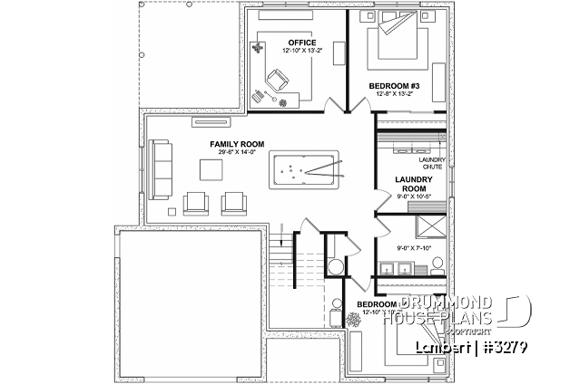Finished basement (Optional $) of house plan 3279 Finished basement (Optional $) - Contemporary split-level home design with 4 to 5 bedrooms, home office, garage and more! - Lambert