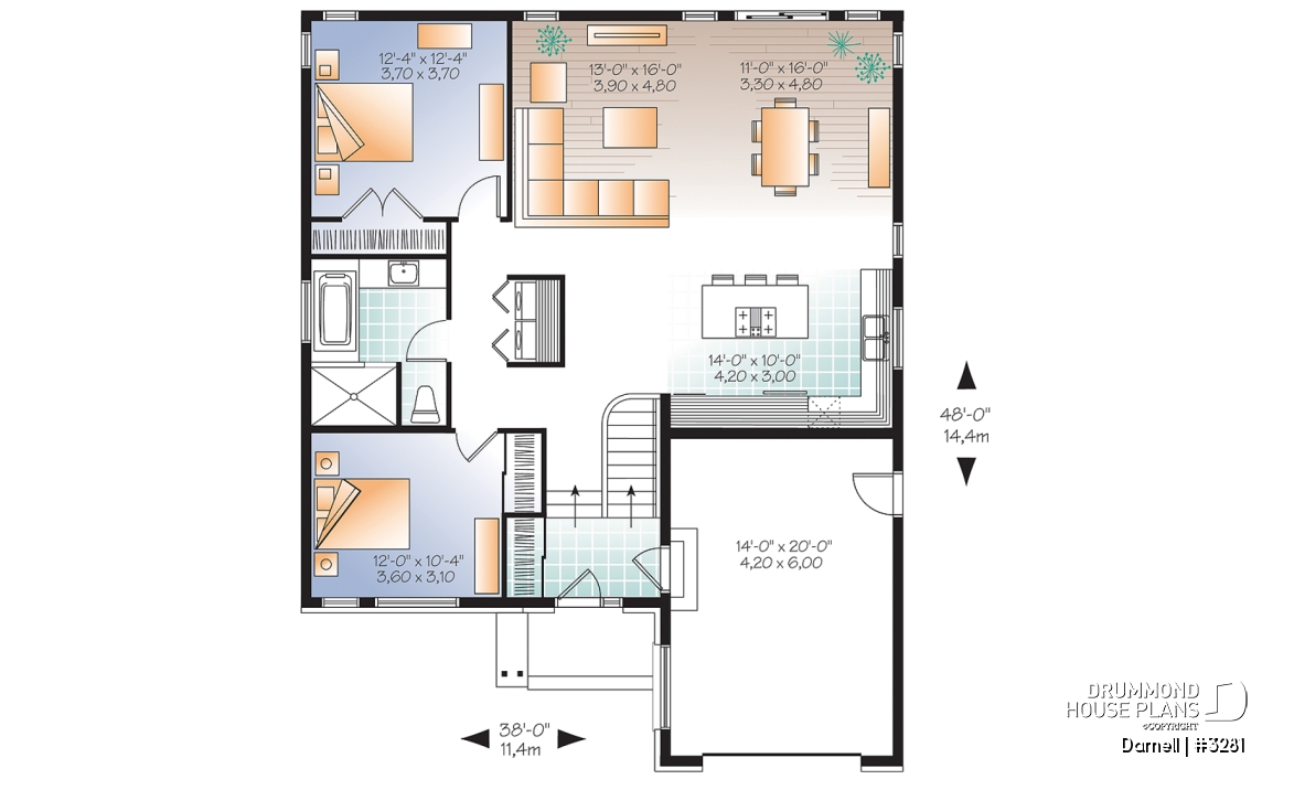1st level - 2 bedroom Modern Split level house plan with open floor plan, garage, laundry on main floor, open concept - Darnell