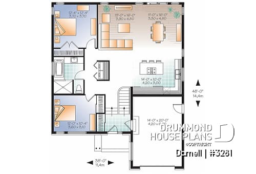 1st level - 2 bedroom Modern Split level house plan with open floor plan, garage, laundry on main floor, open concept - Darnell