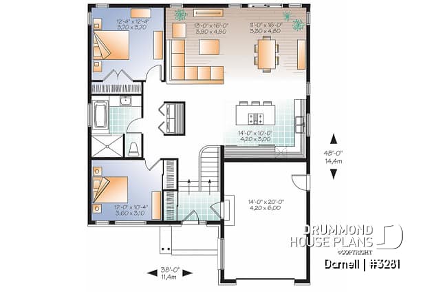 1st level - 2 bedroom Modern Split level house plan with open floor plan, garage, laundry on main floor, open concept - Darnell