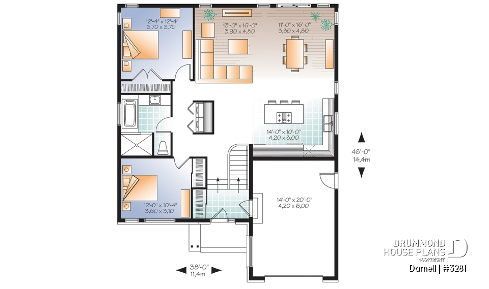 1st level - 2 bedroom Modern Split level house plan with open floor plan, garage, laundry on main floor, open concept - Darnell