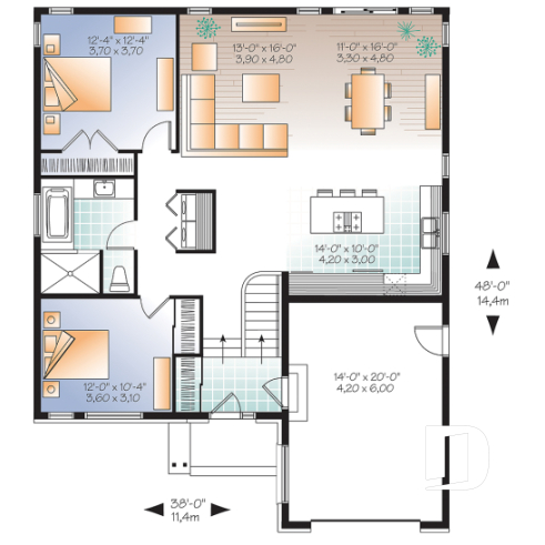 1st level - 2 bedroom Modern Split level house plan with open floor plan, garage, laundry on main floor, open concept - Darnell