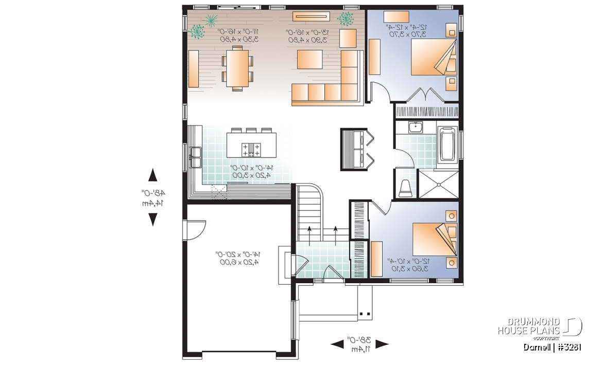 1st level - 2 bedroom Modern Split level house plan with open floor plan, garage, laundry on main floor, open concept - Darnell