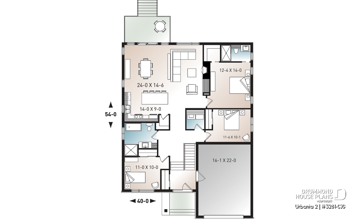 1st level - Modern 3 bedroom one-storey house plan with garage, open floor plan, fireplace, large kitchen island, pantry - Urbania 2