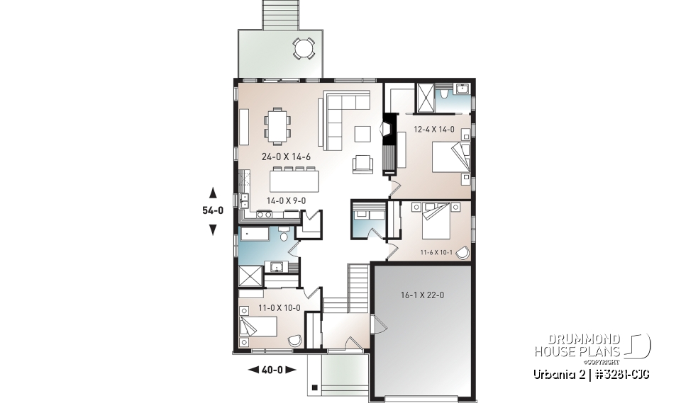 1st level - Modern 3 bedroom one-storey house plan with garage, open floor plan, fireplace, large kitchen island, pantry - Urbania 2