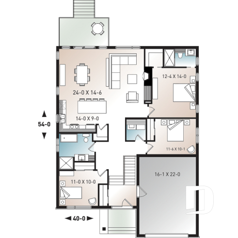 1st level - Modern 3 bedroom one-storey house plan with garage, open floor plan, fireplace, large kitchen island, pantry - Urbania 2