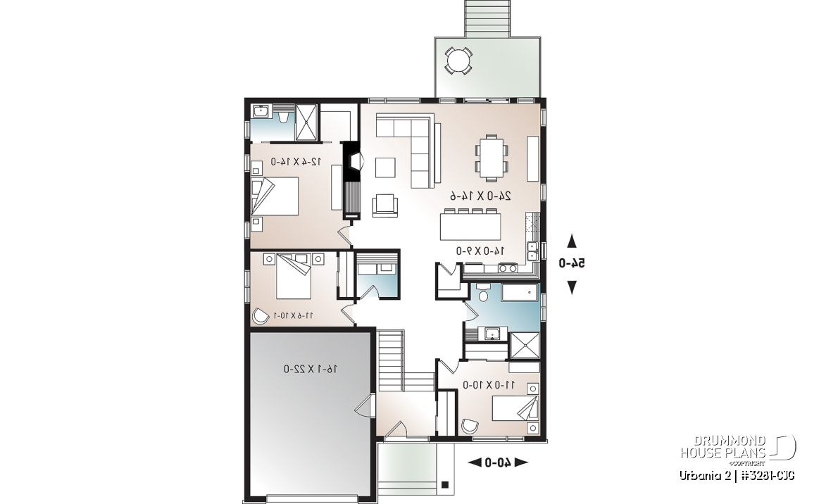 1st level - Modern 3 bedroom one-storey house plan with garage, open floor plan, fireplace, large kitchen island, pantry - Urbania 2