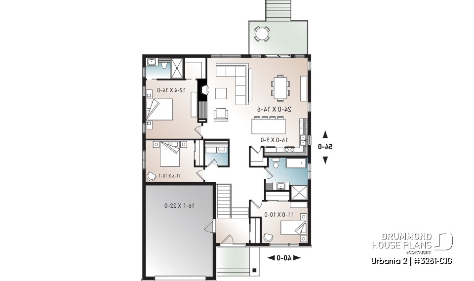 1st level - Modern 3 bedroom one-storey house plan with garage, open floor plan, fireplace, large kitchen island, pantry - Urbania 2