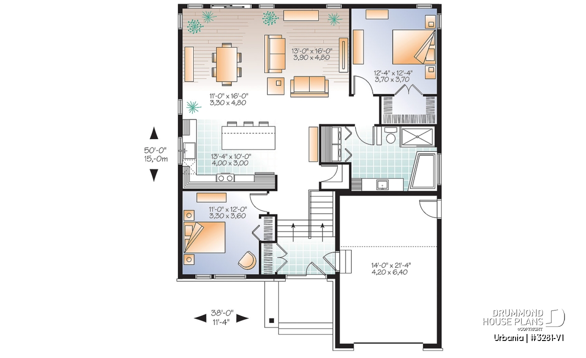 1st level - Small modern house plan with garage, 2 bedrooms, 9' ceiling, pantry, laundry on main floor - Urbania
