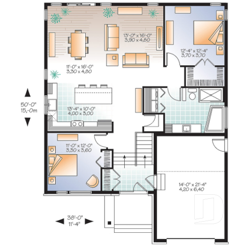 1st level - Small modern house plan with garage, 2 bedrooms, 9' ceiling, pantry, laundry on main floor - Urbania