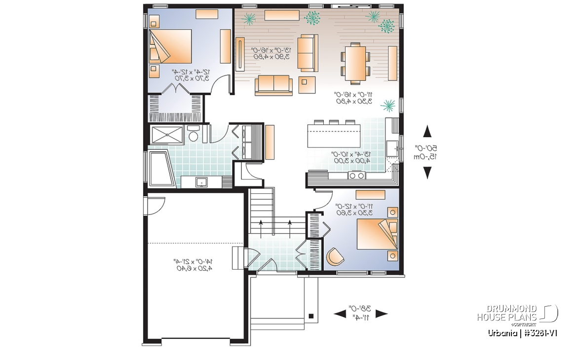 1st level - Small modern house plan with garage, 2 bedrooms, 9' ceiling, pantry, laundry on main floor - Urbania